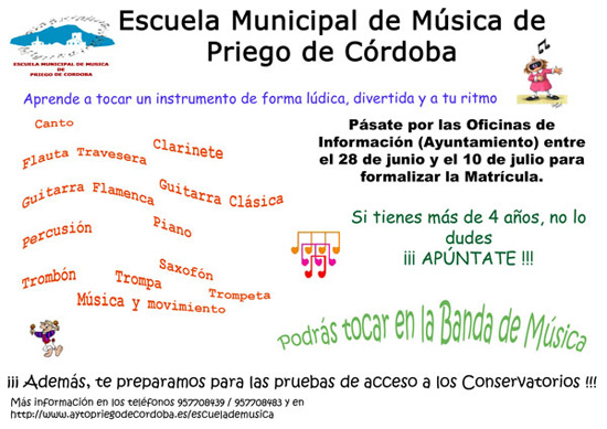 Imagen Se encuentra abierto el plazo de matriculación de la Escuela Municipal de Música de Priego de Córdoba