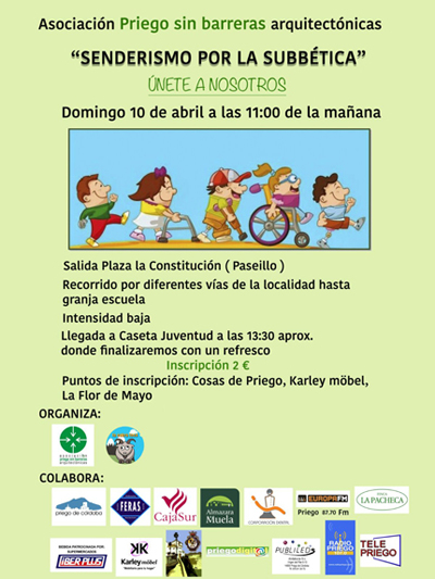 Imagen La Asociación “Priego sin Barreras Arquitectónicas” organiza el día 10 de abril una marcha de “Senderismo por la Subbética”